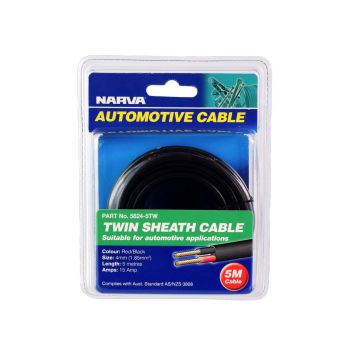 Narva 5824-5TW 15A 4MM Twin Core Sheathed Cable (5M) Red/Black with Black Tracer