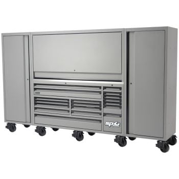 SP Tools USA Sumo Series 128" Roller Cabinet Top Hutch & 2x Side Cabinets Matte Grey SP44897GY