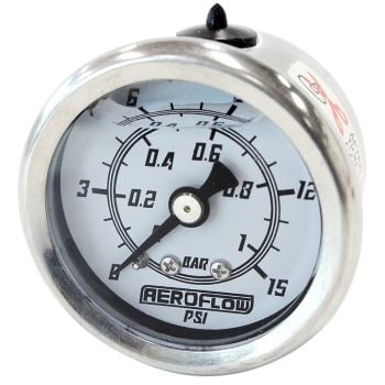 Aeroflow 1-1/2in Liquid Filled 15 psi Pressure Gauge White Face Black Pointer
