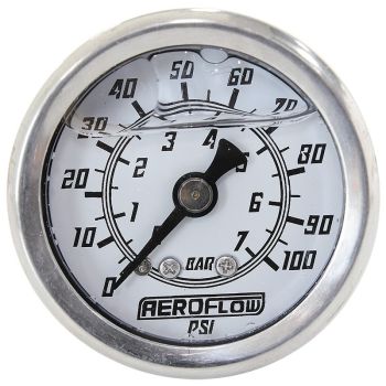 Aeroflow 1-1/2in Liquid Filled 100 psi Pressure Gauge White Face Black Pointer