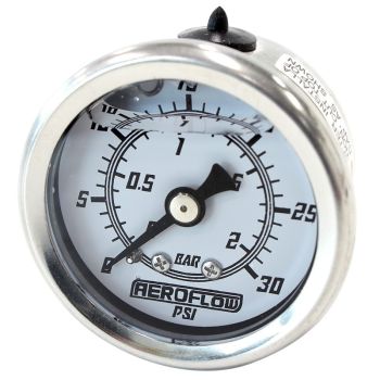 Aeroflow 1-1/2in Liquid Filled 30 psi Pressure Gauge White Face Black Pointer