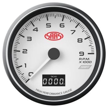 SAAS SG31641 Tachometer 0-9K Shiftlite 3-1/2" In-Dash White Muscle Series