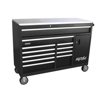SP Tools Sumo Series Roller Cabinet with Power Tool Cupboard and Built-In Power Board 12 Drawer Black/Chrome Handles SP40095