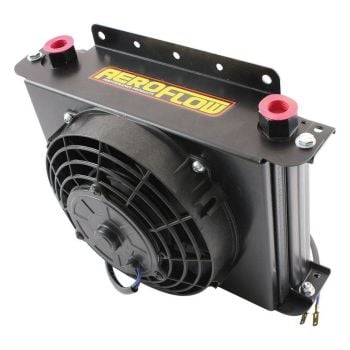 Aeroflow 25 Row Universal Modular Oil Cooler with Fan & Shroud 330mm L x 255mm H x 150mm D. -10 Female ORB Threads AF72-4125